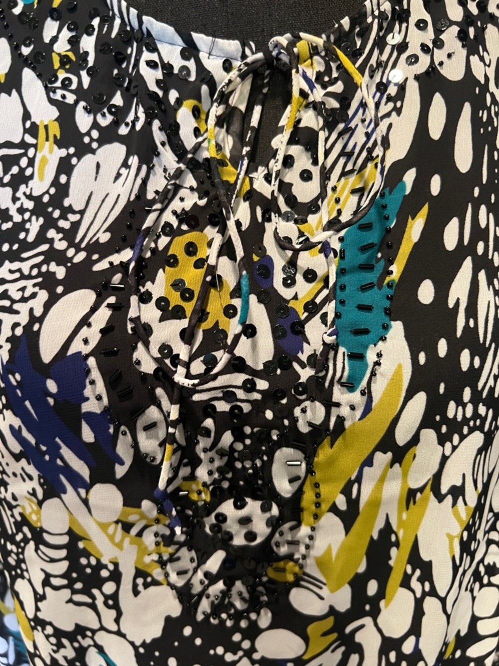 Fashion Bug Black Abstract Print Blouse with White, Yellow & Teal Accents - Picture 4 of 10